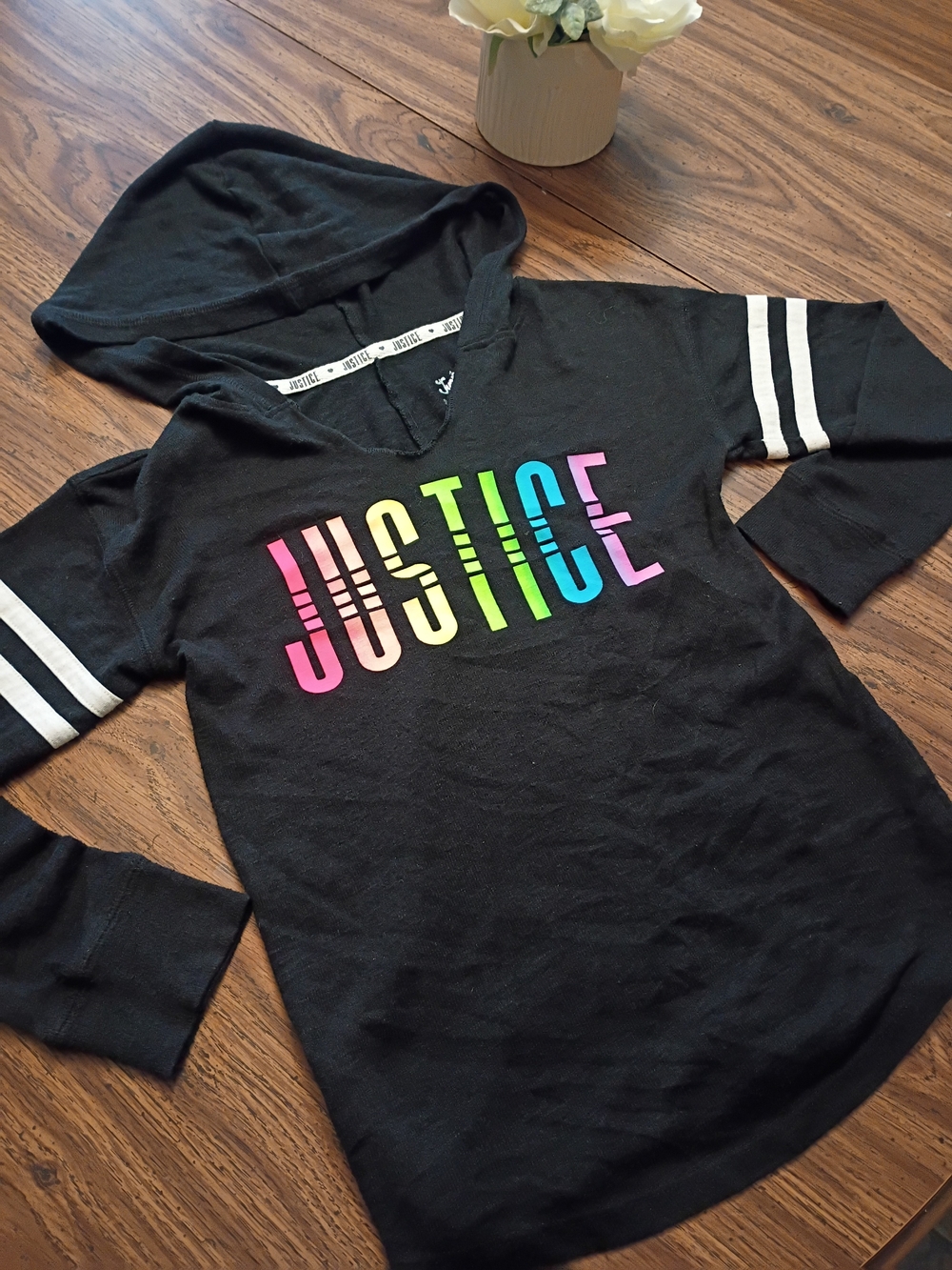 Justice Black Hoodie Tee with Rainbow Gradient Logo Size 8